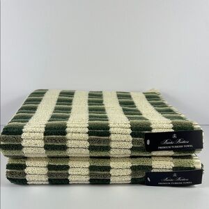 Brooks Brothers Turkish Bath Towel Set Green Tan Striped Cotton Luxury 2 Pc NEW